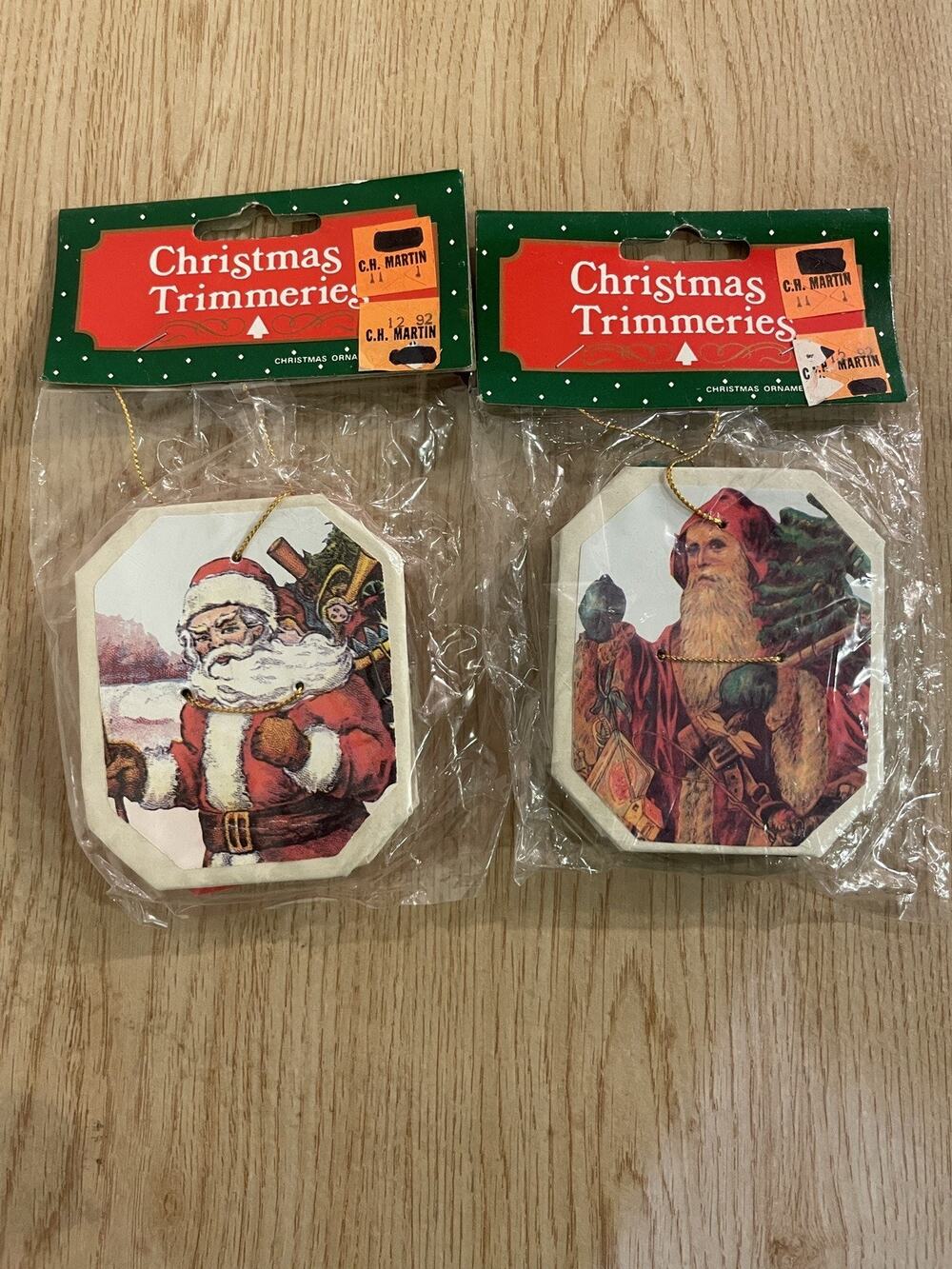 (QTY 2) VTG NOS Bradford Christmas Trimmeries Cardboard Santa Claus Ornament